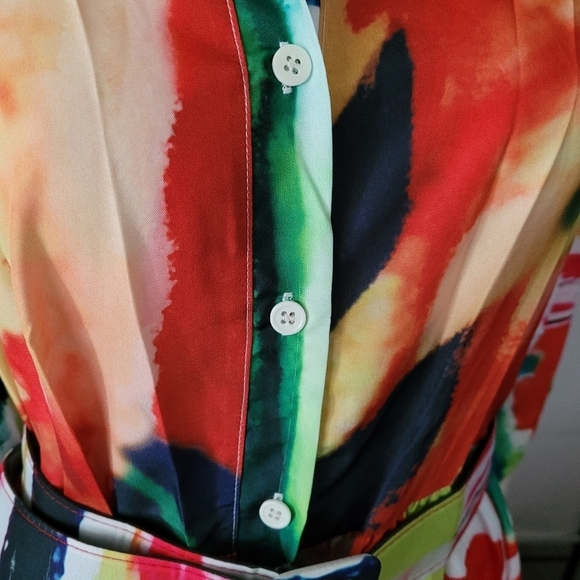 Boutique Colorful Printed 3/4 Sleeve Party Shirt Dress Stand Collar Belt Long - Picture 9 of 12